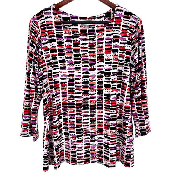 JM Collection Sz Large Black White Red Stretchy 3/4 Sleeve Blouse Shirt Top - Picture 1 of 7